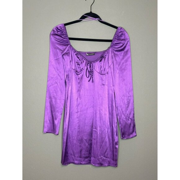 ZARA Women's Large Lilac Purple Gathered Ruched Satin Effect Mini Dress - Picture 2 of 12